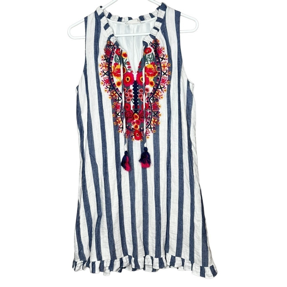 Altar'd State Sleeveless Dress Womens Size Large Blue White Stripe Embroidered